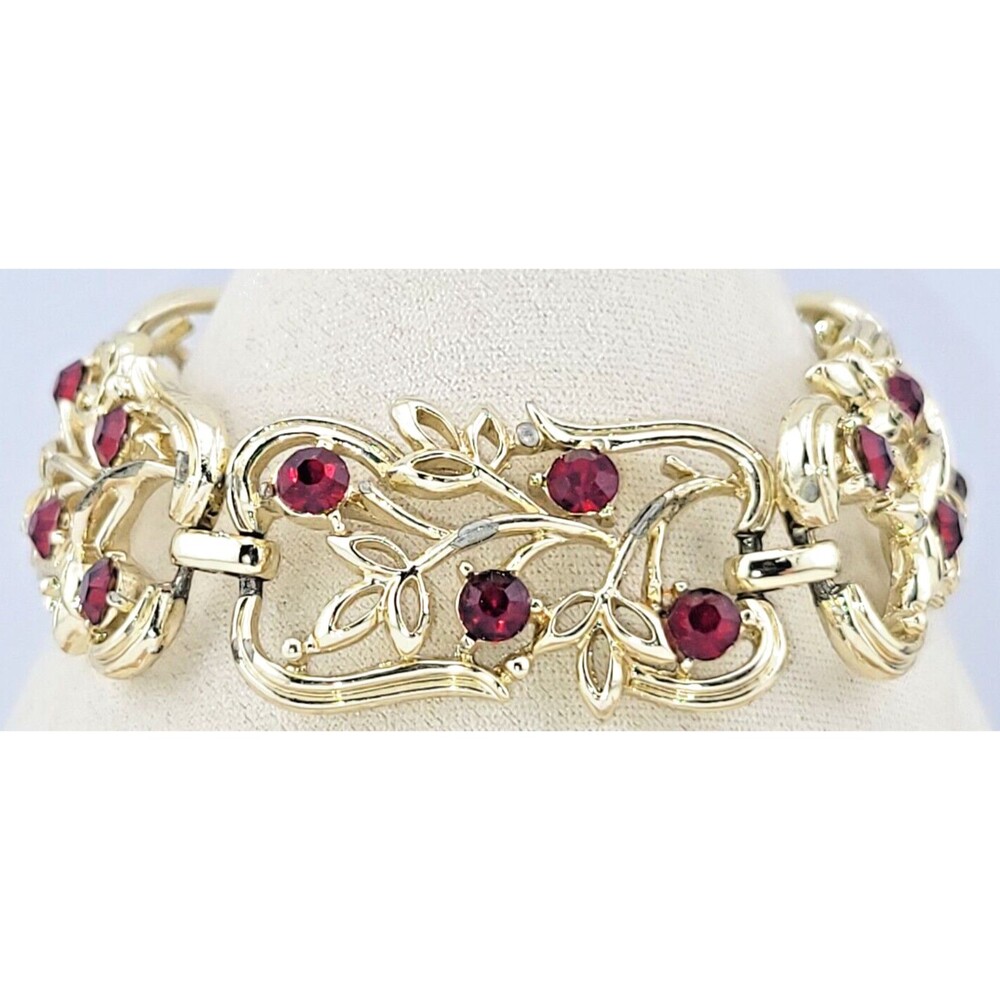 Vintage Signed Coro Ruby Red Rhinestone Golden Filigree Floral Panel Bracelet 7"